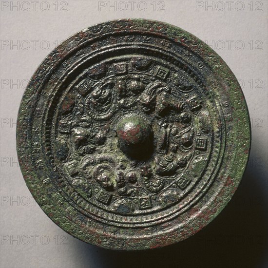 Mirror with Deities and Animals Surrounded by Rings of Squares and Semicircles, early 2nd Century - early 3rd Century. China, Eastern Han dynasty (25-220) ?. Bronze; diameter: 10.8 cm (4 1/4 in.); overall: 1.1 cm (7/16 in.); rim: 0.5 cm (3/16 in.).