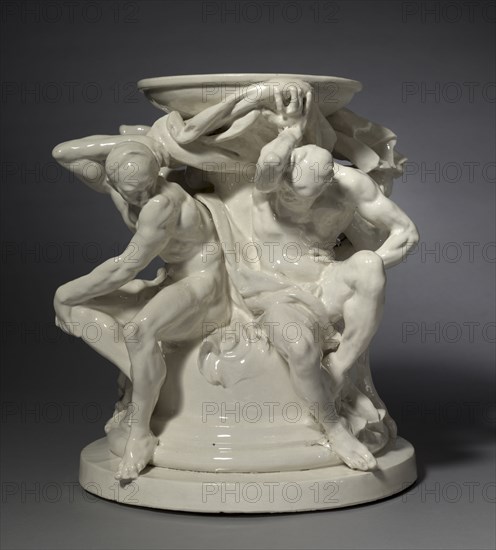 Titans, Support for a Vase, c. 1877. Auguste Rodin (French, 1840-1917), probably by Albert-Ernest Carrier-Belleuse (French, 1824-1887). Glazed earthenware; overall: 37.5 x 38.1 x 38.1 cm (14 3/4 x 15 x 15 in.).