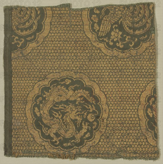 Textile with Phoenixes and Dragons, 1279-1368. China, Yuan dynasty (1260-1368). Lampas, silk and gold thread; overall: 20.4 x 20.4 cm (8 1/16 x 8 1/16 in.)