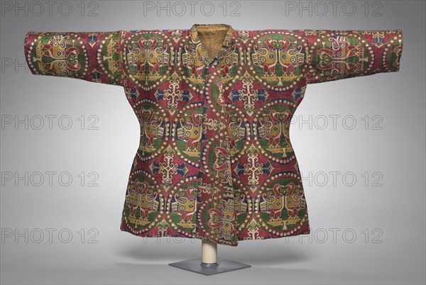 A Child’s Coat with Ducks in Pearl Medallions and a Child's Pants, 700s. Iran or Central Asia, Sogdiana, 8th century. Silk; weft-faced compound twill, samit; overall: 48 x 82.5 cm (18 7/8 x 32 1/2 in.)