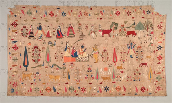 Rumal Decorated with Scenes of Krishna's Life, 1700s. India, Himachal Pradesh, 18th century. Embroidery, silk, and silver wire on cotton; overall: 65.4 x 111.8 cm (25 3/4 x 44 in.).