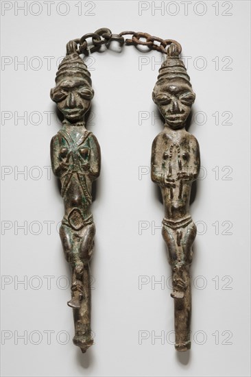Figure Pair, 1800s. Guinea Coast, Nigeria, Yoruba, 19th century. Brass and iron; overall: 15 cm (5 7/8 in.)
