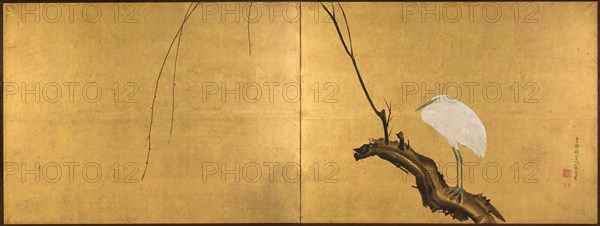 Heron on a Willow Branch, late 1700s. Maruyama Okyo (Japanese, 1733-1795). Two-panel folding screen; ink, color, lacquer, and gold on silk; image: 69.4 x 185 cm (27 5/16 x 72 13/16 in.).