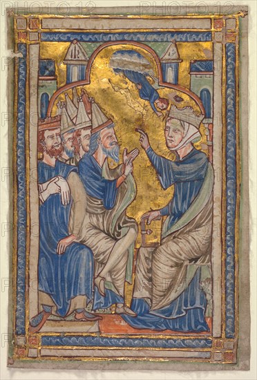 Miniature from a Compendium of Saints' Lives: Saint Catherine of Alexandria Disputing with the Fifty Philosophers, c. 1200-1210. Northeastern France, early 13th Century. Tempera and gold on vellum; overall: 16 x 10.5 cm (6 5/16 x 4 1/8 in.)