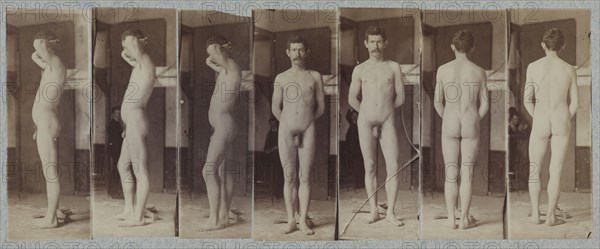 Naked Series: Photographs of a Standing Male Nude Model ("Joseph Smith"), c. 1883. Circle of Thomas Eakins (American, 1844-1916), circle of Thomas Eakins (American, 1844-1916). Albumen prints from glass negatives; image: 8.2 x 2.9 cm (3 1/4 x 1 1/8 in.); matted: 35.6 x 45.7 cm (14 x 18 in.)