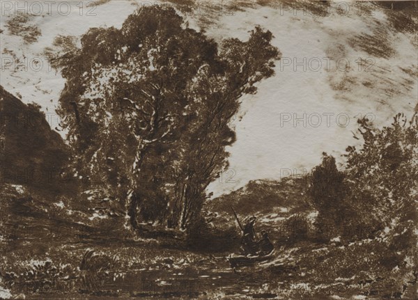 Two Boatmen in a Marsh near a Cluster of Trees, c. 1857. Henri-Joseph-Constant Dutilleux (French, 1807-1865). Cliché-verre; image: 11.7 x 16.6 cm (4 5/8 x 6 9/16 in.); secondary support: 22.6 x 28 cm (8 7/8 x 11 in.)