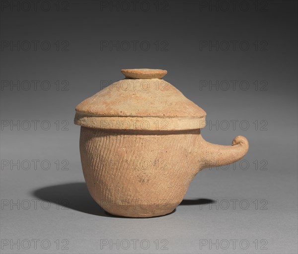 Lidded Jar with Horn Handle, 400s-500s. Korea, Silla (57 BC-AD 935) or Gaya (42-562) period. Red earthenware with impressed designs and applied red slip; overall: 10.8 cm (4 1/4 in.); 9.1 cm (3 9/16 in.).