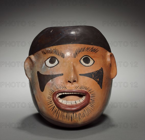 Severed Head Effigy Vessel, c. 100-350. Peru, South Coast, Nasca. Earthenware with colored slips; overall: 22 x 20.5 x 24.5 cm (8 11/16 x 8 1/16 x 9 5/8 in.).