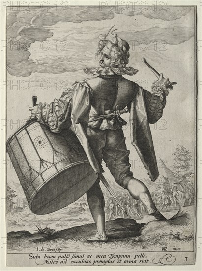 Soldiers and Officers: Drummer, 1587. Jacob de Gheyn II (Dutch, 1565-1629), Hendrick Goltzius (Dutch, 1558–1617), after Hendrick Goltzius (Dutch, 1558–1617). Engraving; sheet: 21.3 x 15.6 cm (8 3/8 x 6 1/8 in.); image: 20.2 x 15.3 cm (7 15/16 x 6 in.)