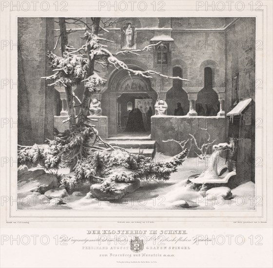 Churchyard with Snow, c. 1835. Andreas Borum (German, 1799-1853), after Carl Friedrich Lessing (German, 1808-1880). Lithograph in black and gray; sheet: 45 x 46.7 cm (17 11/16 x 18 3/8 in.); image: 30.3 x 37.4 cm (11 15/16 x 14 3/4 in.); sheet with border: 36 x 43.4 cm (14 3/16 x 17 1/16 in.)