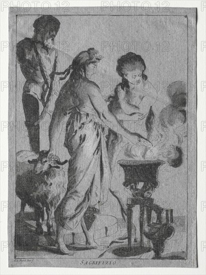 Sacrifice, c. 1775-1776. Giovanni David (Italian, 1743-1790). Etching and aquatint printed in black and brown, heightened with white gouache; sheet: 24.2 x 17.6 cm (9 1/2 x 6 15/16 in.); image: 22.7 x 16.1 cm (8 15/16 x 6 5/16 in.)
