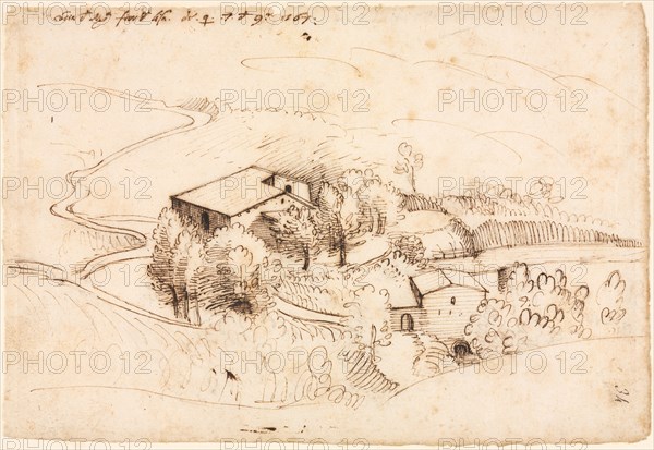 Farm with Trees in a Hilly Landscape, 1567. Gherardo Cibo (Italian, 1512-1600). Pen and brown ink (iron gall); sheet: 14.4 x 21.2 cm (5 11/16 x 8 3/8 in.); secondary support: 22.4 x 28.7 cm (8 13/16 x 11 5/16 in.).