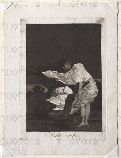 Los Caprichos: The Caprichos:  A Bad Night, 1799. Francisco de Goya (Spanish, 1746-1828). Etching and aquatint; sheet: 26.3 x 20 cm (10 3/8 x 7 7/8 in.); image: 18.9 x 13.2 cm (7 7/16 x 5 3/16 in.); platemark: 21.4 x 15.1 cm (8 7/16 x 5 15/16 in.)
