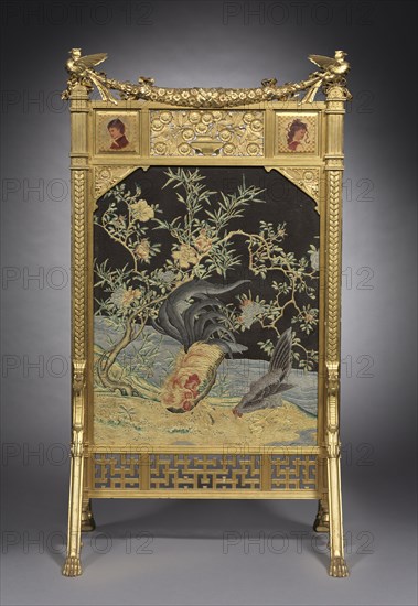 Fire Screen, c. 1878-80. Firm of Herter Brothers (American). Gilded wood, painted and gilded wood panels, brocaded silk, embossed paper; overall: 131.8 x 76.2 x 58.3 cm (51 7/8 x 30 x 22 15/16 in.).