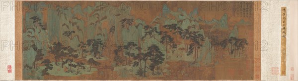 Mountains of the Immortals, 1279-1368. Chen Ruyan (Chinese, c. 1331-bef 1371), calligraphy by Ni Zan (Chinese, 1301-1374). Handscroll, ink and color on silk; image: 33.5 x 98 cm (13 3/16 x 38 9/16 in.); overall: 35 cm (13 3/4 in.).