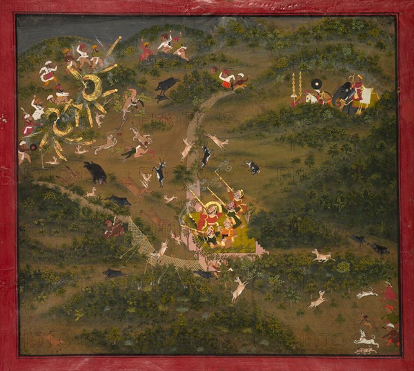 Maharaja Jagat Singh Hunting, 1734-1751. India, Rajasthan, Udaipur School, Jagat Singh reign (1734-1751). Ink, color, and gold on paper; sheet: 42.5 x 47 cm (16 3/4 x 18 1/2 in.).