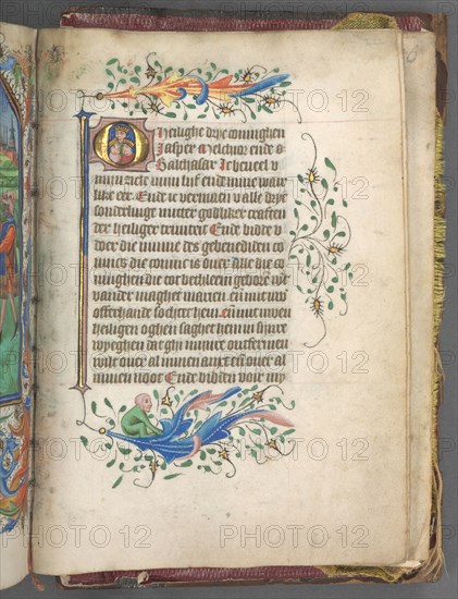 Book of Hours (Use of Utrecht): fol. 222r, Initial with Three Kings, c. 1460-1465. Master of Gijsbrecht van Brederode (Netherlandish), and Master of the Boston City of God (Netherlandish). Ink, tempera, and gold on vellum; binding:  brown Morocco over original wooden boards; overall: 5.9 x 11.6 cm (2 5/16 x 4 9/16 in.).