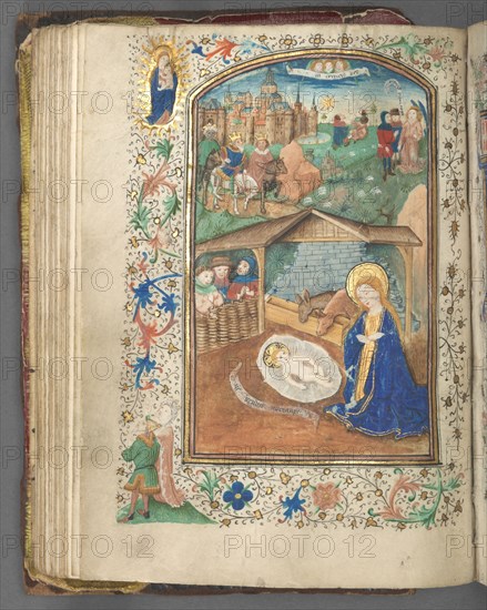 Book of Hours (Use of Utrecht): fol. 62v, The Nativity, c. 1460-1465. Master of Gijsbrecht van Brederode (Netherlandish), and Master of the Boston City of God (Netherlandish). Ink, tempera, and gold on vellum; binding:  brown Morocco over original wooden boards; overall: 5.9 x 11.6 cm (2 5/16 x 4 9/16 in.).