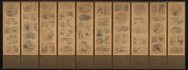 Painting of One Hundred Themes, late 1800s. Korea, Joseon dynasty (1392-1910). Ten-panel folding screen affixed with album leaves (obverse), calligraphy (reverse), ink and color on silk; image: 117.7 x 33.5 cm (46 5/16 x 13 3/16 in.); panel: 164.5 x 43.6 cm (64 3/4 x 17 3/16 in.).