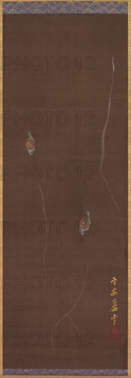 Snails on a Wall, 1700s. Nagasawa Rosetsu (Japanese, 1754-1799). Hanging scroll, ink, color, gold and silver pigments on paper; image: 114.3 x 40.6 cm (45 x 16 in.); overall: 200.7 x 54 cm (79 x 21 1/4 in.).
