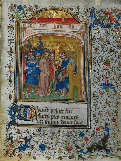 Christ before Pilate: Leaf from a Book of Hours (2 of 6 Excised Leaves), c. 1420-1430. Or workshop Henri d'Orquevaulx (French). Ink, tempera and gold on vellum; each leaf: 16.1 x 12.4 cm (6 5/16 x 4 7/8 in.).