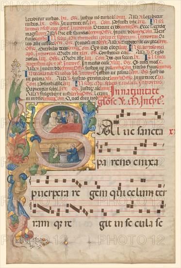 Leaf from a Gradual: Historiated Initial S[alve Sancta Parens] with Birth of the Virgin (recto), c. 1420-1450. Northern Italy, 15th century. Ink, tempera, and gold on vellum; each leaf: 52.1 x 34.9 cm (20 1/2 x 13 3/4 in.)
