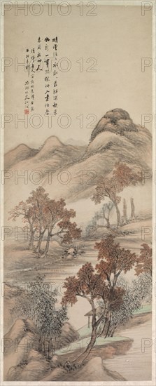 Autumn Landscape, 1644-1911. Yang Borun (Chinese, 1837-1911). Hanging scroll, ink and color on paper; overall: 146 x 58 cm (57 1/2 x 22 13/16 in.).