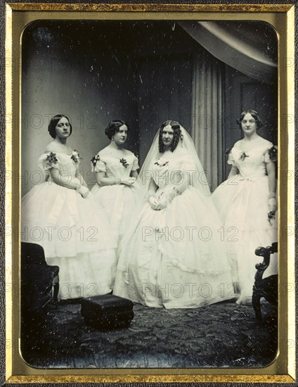 A Bride and Her Bridesmaids, 1851 or later. Josiah Johnson Hawes (American, 1808-1901), Albert Sands Southworth (American, 1811-1894). Whole-plate daguerreotype; image: 19.9 x 14.8 cm (7 13/16 x 5 13/16 in.); case: 21.7 x 16.5 cm (8 9/16 x 6 1/2 in.); matted: 61 x 50.8 cm (24 x 20 in.)