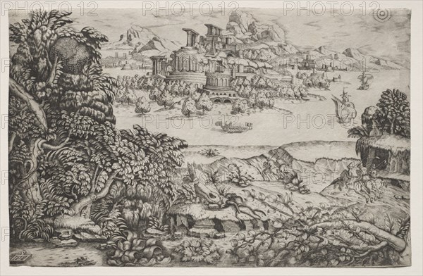 Landscape with a Temple above a Lake, 16th century. Monogrammist HI (Italian), and Monogrammist DB (Italian). Engraving; overall: 19.9 x 31.1 cm (7 13/16 x 12 1/4 in.)