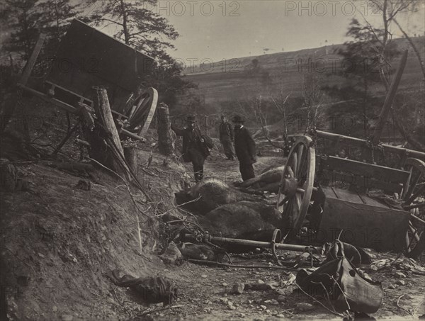 Effects of a Shell Explosion, Fredericksburg, VA., 1863. Andrew Joseph Russell (American, 1830-1902). Albumen print from wet collodion negative; image: 24.3 x 32.4 cm (9 9/16 x 12 3/4 in.); mounted: 35.5 x 43.7 cm (14 x 17 3/16 in.); matted: 50.8 x 61 cm (20 x 24 in.).