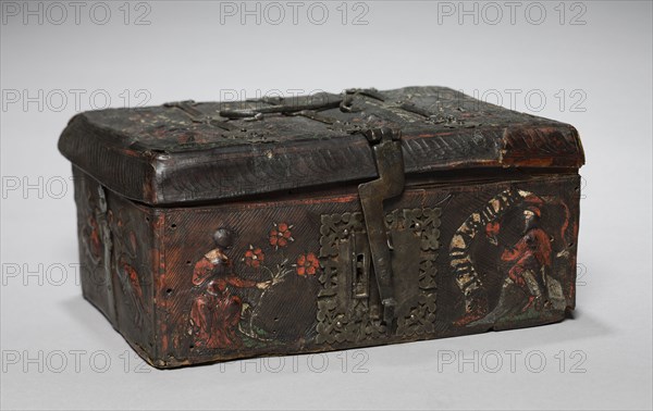 Leather Casket with Scenes of Courtly Love, c. 1350-1400. France, Gothic period, 2nd half of the 14th century. Leather: embossed, incised; iron mounts; wood core; overall: 10.5 x 25.2 x 19 cm (4 1/8 x 9 15/16 x 7 1/2 in.)