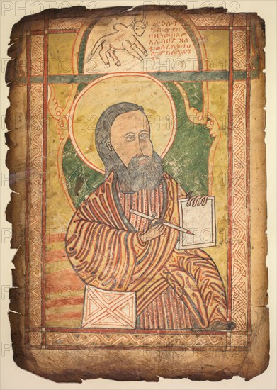 Single Leaf from a Gospel Book with a  Portrait of St. Luke, c. 1440-1480. Central Ethiopia, 15th century. Ink and tempera on vellum; sheet: 37 x 25 cm (14 9/16 x 9 13/16 in.)