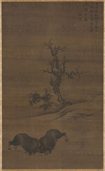 Herdboys and Buffalo in Landscape, 1200s. Guo Min (Chinese, mid-late 1200s). Hanging scroll, ink on silk; image: 92 x 56.5 cm (36 1/4 x 22 1/4 in.); overall with knobs: 196 x 76 cm (77 3/16 x 29 15/16 in.).