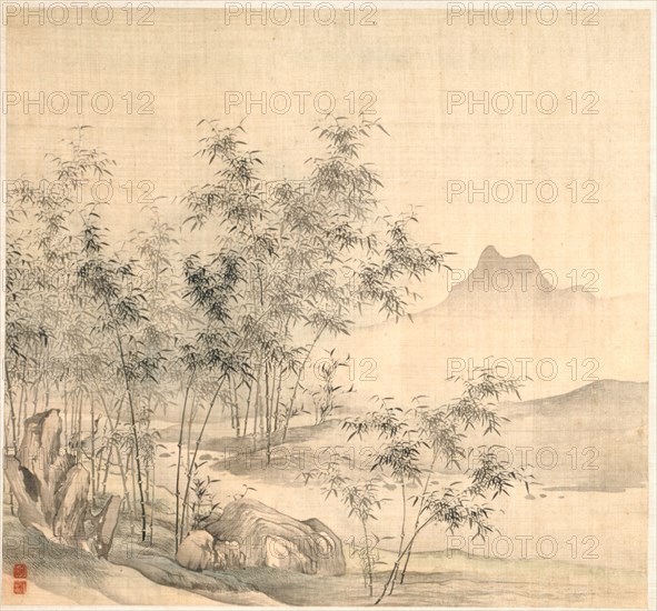 A Solitary Crane in the Bamboo Grove, early 1600s. Tao Hong (Chinese, active c. 1610-1640). Album leaf, ink and color on silk; overall: 24.5 x 26.7 cm (9 5/8 x 10 1/2 in.).