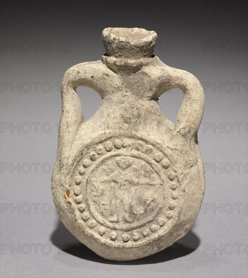 Pilgrim's Flask with Saint Menas, 400-600. Egypt, Coptic, 400s-500s. Terracotta; overall: 10 x 6.4 cm (3 15/16 x 2 1/2 in.).