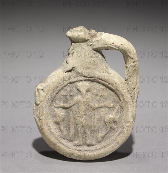 Pilgrim's Flask with Saint Menas, 400-600. Egypt, Coptic, 400s-500s. Terracotta; overall: 6.7 x 7.2 cm (2 5/8 x 2 13/16 in.)