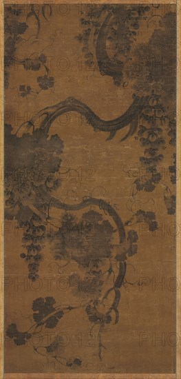 Grapes, 1400s-1500s. Korea or Japan, Joseon period (1392-1910) or Muromachi Period (1392-1573). Hanging scroll, ink on silk; image: 101 x 47 cm (39 3/4 x 18 1/2 in.); overall: 176.5 x 73 cm (69 1/2 x 28 3/4 in.).