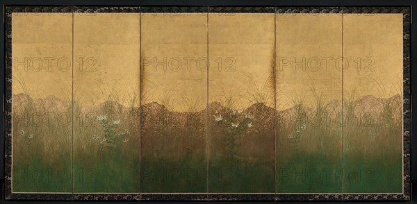 Autumn Evening with Full Moon on Musashino Plain, early 1600s. Japan, Edo period (1615-1868). Pair of six-fold screens; ink, color, and gold and silver foil on gilded paper; overall: 170.2 x 346.7 cm (67 x 136 1/2 in.).