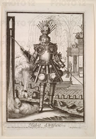 Fanciful Costumes: Costume of the Fireworks Maker, c. 1690. Nicolas de Larmessin II (French, 1638-1694). Etching and engraving; sheet: 31.6 x 21.5 cm (12 7/16 x 8 7/16 in.); platemark: 28.3 x 19.5 cm (11 1/8 x 7 11/16 in.)