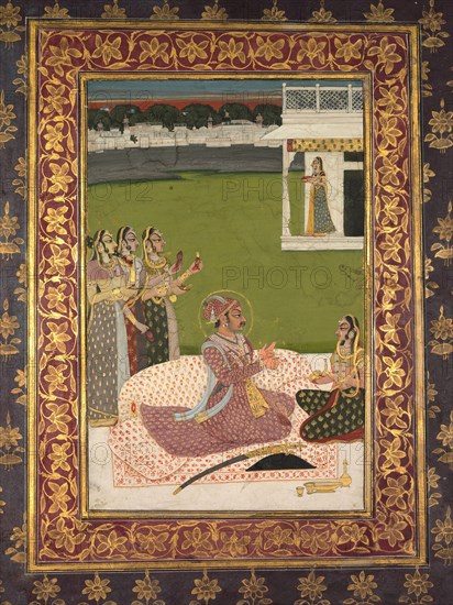 Portrait of Maharaja Savant Singh with Consort, Bani Thani, mid-1700s. Attributed to Nihal Chand (Indian). Ink, color and gold on paper; image: 21.6 x 14 cm (8 1/2 x 5 1/2 in.); mounted: 42.5 x 33 cm (16 3/4 x 13 in.); with borders: 27.4 x 20 cm (10 13/16 x 7 7/8 in.).