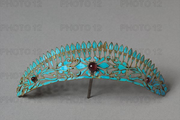 Headdress Ornament, 1800s-1900s. China, Qing dynasty (1644-1911). Gilt copper-silver alloy decorated with kingfisher feathers and glass beads; overall: 10.7 x 12.4 cm (4 3/16 x 4 7/8 in.).