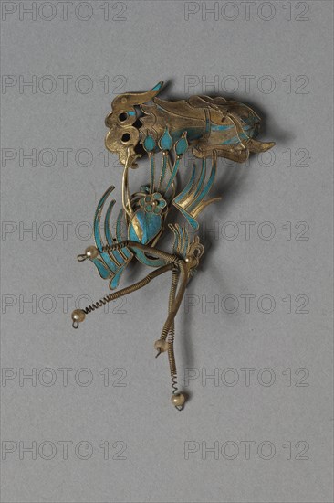 Headdress Ornament, 1700s or 1800s. China, Qing dynasty (1644-1911). Made from a copper-silver alloy, some with gilding, and decorated with kingfisher feathers and glass beads; overall: 7.5 x 3.9 cm (2 15/16 x 1 9/16 in.).