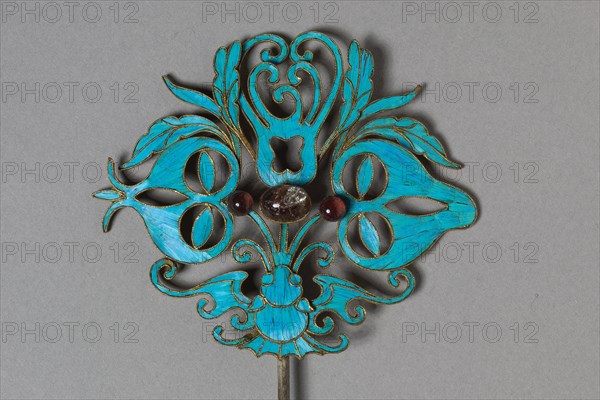 Headdress Ornament, 1800s-1900s. China, Qing dynasty (1644-1911). Gilt copper-silver alloy decorated with kingfisher feathers and glass beads; overall: 16 x 7.3 cm (6 5/16 x 2 7/8 in.).