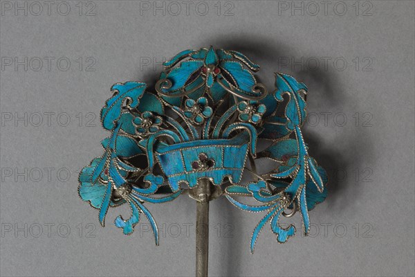 Headdress Ornament, 1800s-1900s. China, Qing dynasty (1644-1911). Gilt copper-silver alloy decorated with kingfisher feathers and glass beads; overall: 10.3 x 5.4 cm (4 1/16 x 2 1/8 in.).