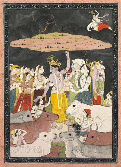 Krishna Lifting Mt. Govardhana, c. 1780-1790. India, Pahari Hills, Kangra School, 18th century. Ink, color and gold on paper; image: 20.6 x 14 cm (8 1/8 x 5 1/2 in.); with borders: 21.6 x 15.2 cm (8 1/2 x 6 in.).