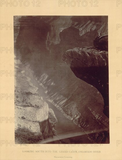 Looking South into the Grand Canyon, Colorado River, Sheavwitz, 1872. William H. Bell (American, 1830-1910). Albumen print from wet collodion negative; image: 27.5 x 20.3 cm (10 13/16 x 8 in.); mounted: 50 x 39.4 cm (19 11/16 x 15 1/2 in.); matted: 61 x 50.8 cm (24 x 20 in.)