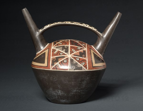 Double-Spouted Vessel, 500-900. Peru, Wari style, 6th-10th century. Ceramic, slip; diameter: 21.7 x 23.1 x 17.6 cm (8 9/16 x 9 1/8 x 6 15/16 in.); overall: 20.3 cm (8 in.).