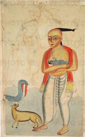 Vasudeva (Krishna's Father) Fleeing with Krishna Encounters a Cobra and a Jackal