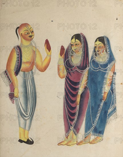 Vaishnava Devotee with Two Women, 1800s. India, Calcutta, Kalighat painting, 19th century. Black ink, watercolor, and tin paint, with graphite underdrawing on paper; painting only: 45.4 x 27.8 cm (17 7/8 x 10 15/16 in.).