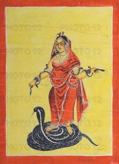 Manasa, The Snake Goddess, 1800s. India, Calcutta, Kalighat painting, 19th century. Black ink, color and silver paint, and graphite underdrawing on paper; secondary support: 35.4 x 27.5 cm (13 15/16 x 10 13/16 in.); painting only: 33 x 25.3 cm (13 x 9 15/16 in.).